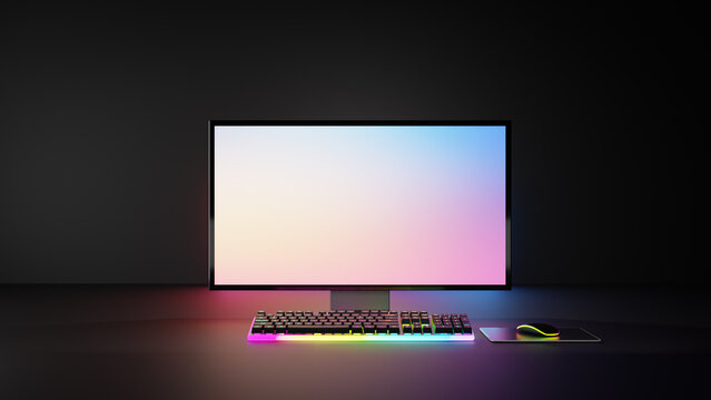 Dark room gamer computer desktop with RGB lights. PC computer light screen mockup, gaming keyboard. 3d rendering illustration