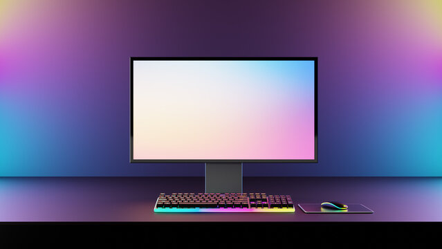 Gamer computer desktop with RGB lights on the background, Modern PC computer white screen mockup, gaming keyboard. 3d rendering illustration