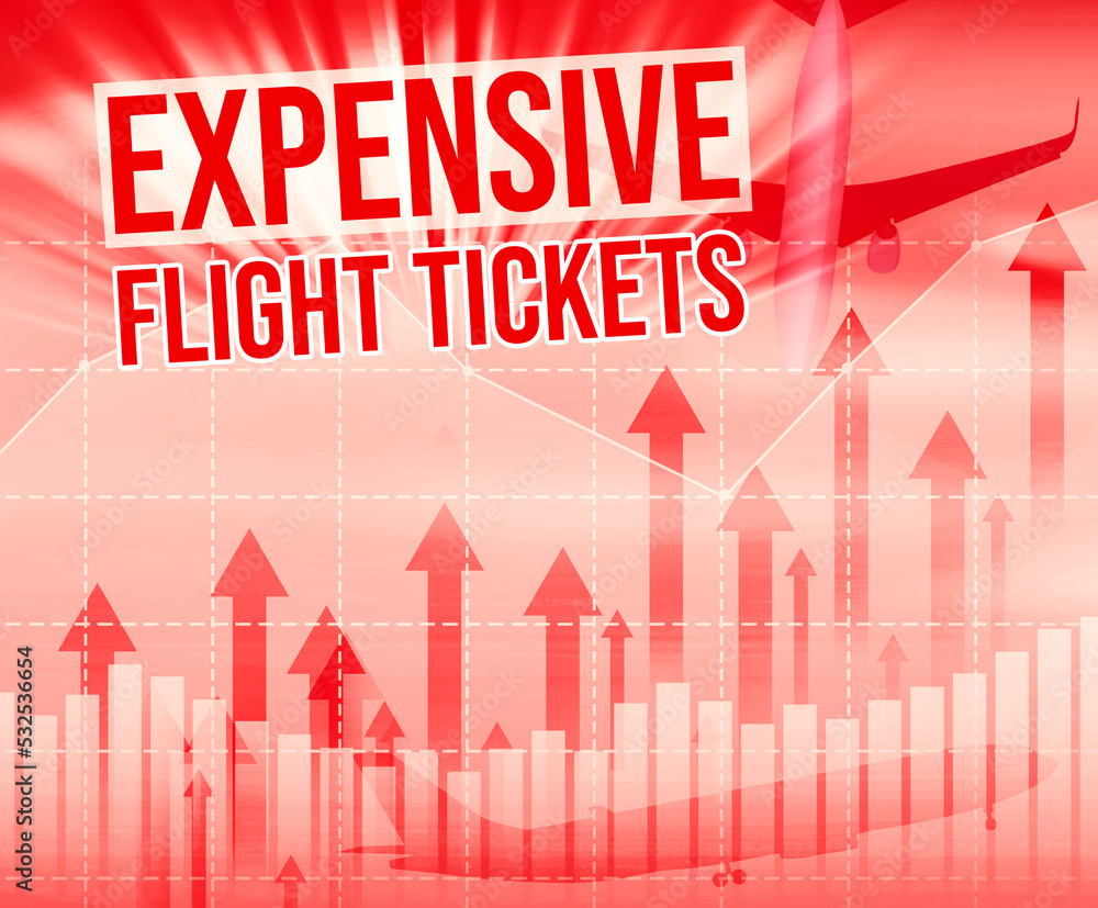 Poster expensive flight tickets concept background with red graphs and airplanes in the backdrop. high airf