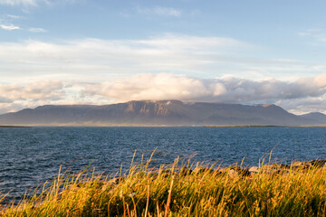 panoramic view over the coastline of reykjavik in sunset