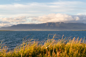 panoramic view over the coastline of reykjavik in sunset