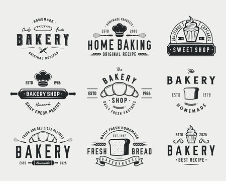 Bakery, Pastry logo set. Set of 9 bakery logo templates Bakery, Cafe, Cooking Class and Restaurant emblems. Bakery business logo templates. Trendy vintage hipster design. Vector illustration