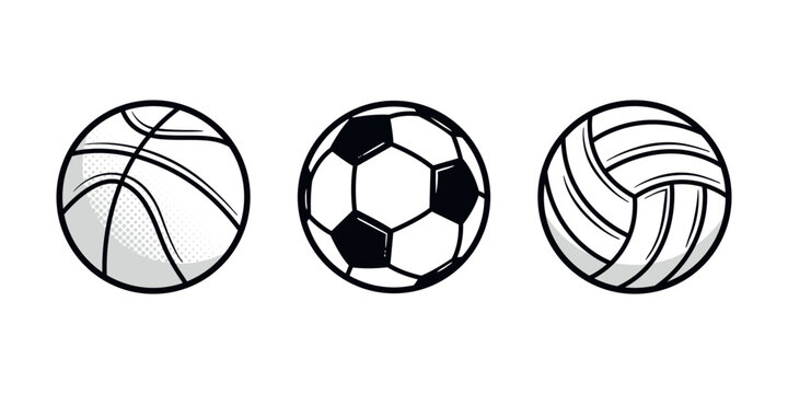 Vintage Sports balls set. Basketball, Soccer, Volleyball. Sport icons isolated on white background. Design elements for logo, poster, emblem. Vector illustration