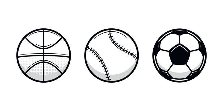 Vintage Sports balls set. Basketball, Baseball, Soccer. Sport icons isolated on white background. Design elements for logo, poster, emblem. Vector illustration