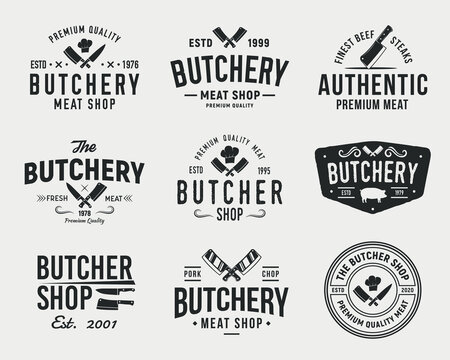 Butcher, Meat shop logo set. Set of 9 meat logo templates for Steak House, Meat shop, butchery emblems. Meat business logo templates. Trendy vintage hipster design. Vector illustration