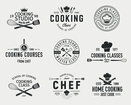 Cooking Class logo set. Set of 9 cooking templates for food studio, cooking courses, culinary school logo.  Trendy vintage hipster design. Vector illustration