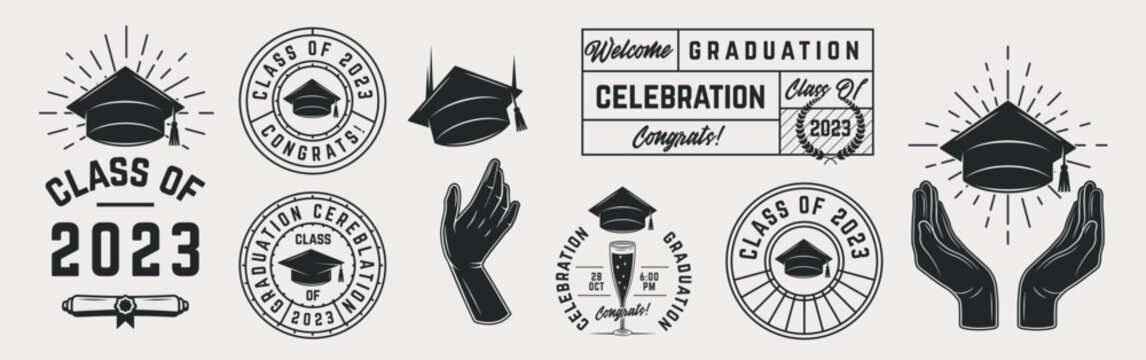 Set of Education, Graduation labels and icons. Graduation badges, hands with graduate cap. Vintage elements for design logo, poster, print for t-shirt. Vector illustration