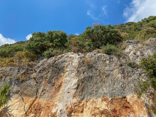 Fototapeta na wymiar Sheer cliff with vegetation and blue sky
