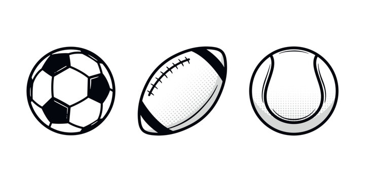 Vintage Sports balls set. Soccer, American football, Tennis. Sport icons isolated on white background. Design elements for logo, poster, emblem. Vector illustration