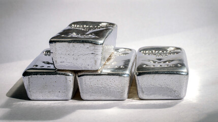 Four bullion bars of precious metal on a gray background. Platinum, palladium, pgm, silver.