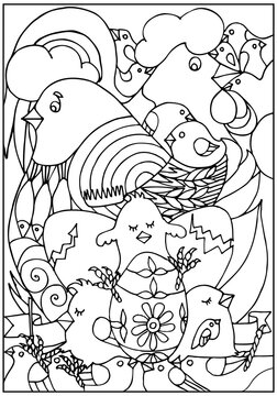 Easter coloring page for kids. Hen with cock and little chickens. Painted egg. Birds. Easter. Poultry farm. Hand drawn vector illustration. Coloring book.