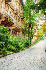 Fototapeta na wymiar an empty street in a beautiful old city, architecture, historical sights Lviv Ukraine 