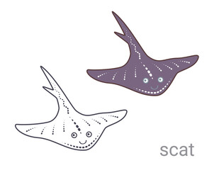 Set of colored scat and scat outline for coloring. Underwater world! Cute cartoon scat. Vector illustration. Drawings for banner, card, postcard