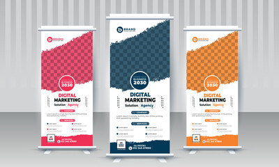 Corporate business standee x rollup pullup retractable signage banner design with three color concept vector template
