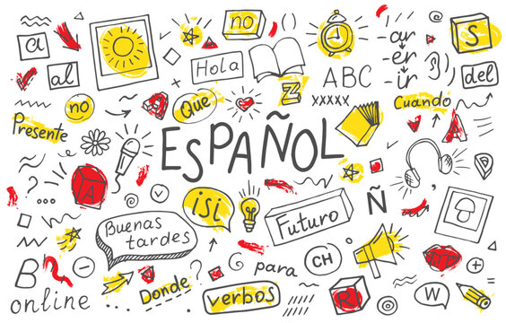 Español. Interpreter language online. Spanish language learning concept vector illustration. Doodle of foreign language education course for home online training study.