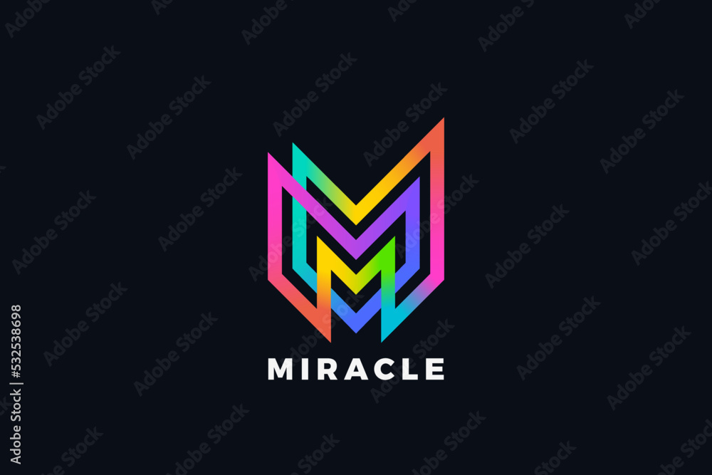 Poster letter m logo design loop infinite vector template colorful linear style. monogram logotype looped i