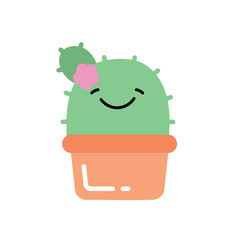 Cute round cartoon cactus character in flowerpot with pink flower