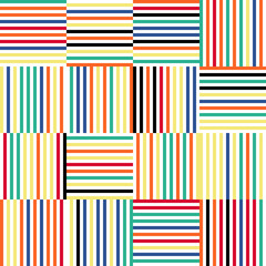 Modern abstract geometric  vector seamless pattern with simple elements and shapes like square, triangle and rectangle. Colorful mosaic in red, blue, orange, yellow, black with white background.