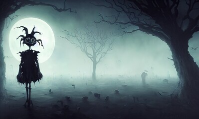 Halloween illustration of a spooky scarecrow in a gloomy field.