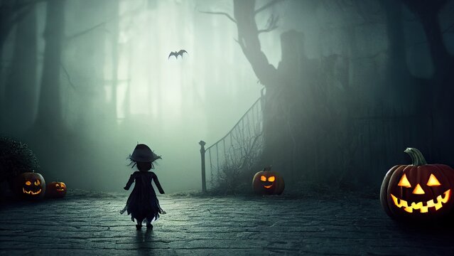 A child wanders the empty streets of the suburbs on Halloween night for trick-or-treating