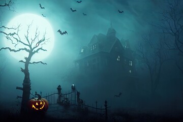Halloween night background with a spooky mansion in a mysterious fog - obrazy, fototapety, plakaty