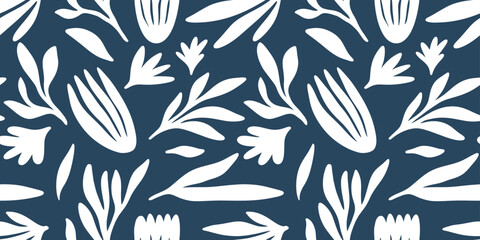 Abstract Botanical Organic Shapes Seamless Pattern Vector Illustration Blue and White