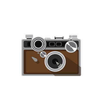 Brown retro camera in flat style isolated on white background. Vector illustration