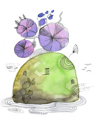 Watercolor, paradise with green organic architecture and flowers, birds, nice smells and calming music.