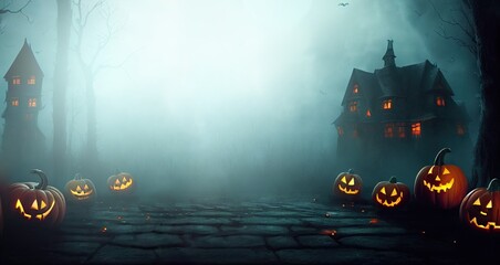 Background for Halloween night with a haunted mansion in an eerie fog - obrazy, fototapety, plakaty