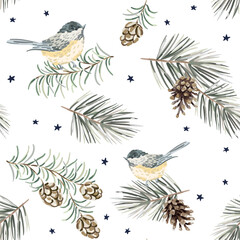 Christmas seamless pattern, titmouse birds, green twigs, pine cones, stars, white background. Vector illustration. Nature design. Season greeting. Winter Xmas holidays - obrazy, fototapety, plakaty