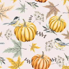 Autumn titmouse birds, pumpkins, maple leaves, light background. Vector seamless pattern. Fall season illustration. October harvest. Organic vegetable garden food. Nature design