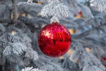 Christmas Tree, Ornaments and Defocused Objects Background