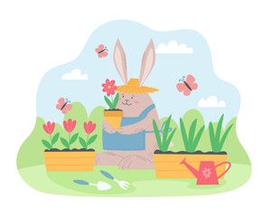 Funny rabbit gardener in a straw hat and denim apron. Cute bunny plants flowers and sprouts in pots in the spring. Vector illustration for postcards, design and decor