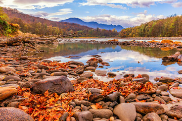 Autumn landscape of a river with a forest on the banks