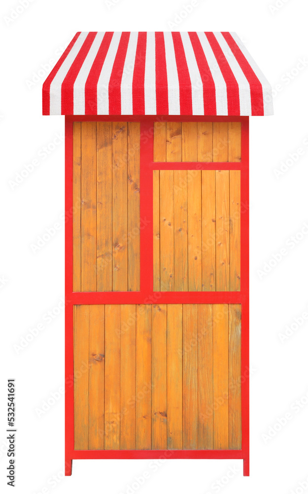 Wall mural wooden market stand stall with red white striped awning. retail business concept.