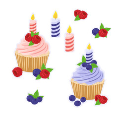 Stickers cupcake, candle, berries