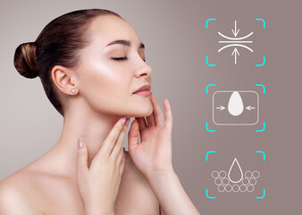 Infographic elements shows cleansing effect on beautiful female face.