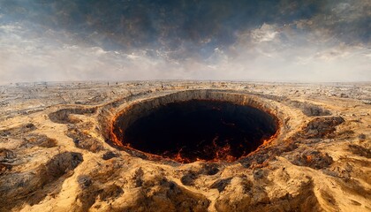 An Illustration based on the Darvaza Gas Crater in Turkmenistan also known as the 'Doorway to Hell'. - obrazy, fototapety, plakaty
