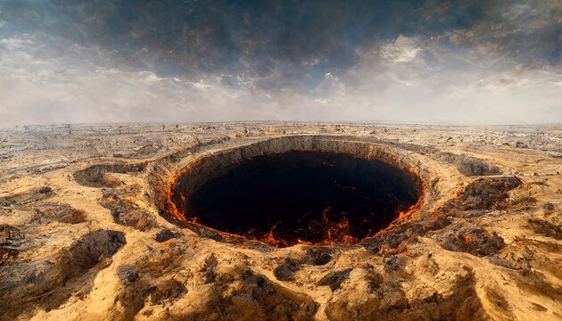 An Illustration based on the Darvaza Gas Crater in Turkmenistan also known as the 'Doorway to Hell'.