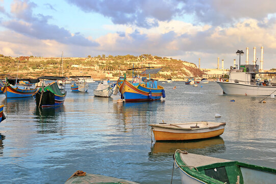 landscape of colorful boats at Marsaxlokk village Malta