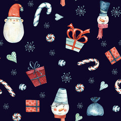 Cute Snowman characters with gift boxes watercolour hand drawn elements in seamless pattern background. Christmas winter pattern red and blue colours. Cartoon style New year background.