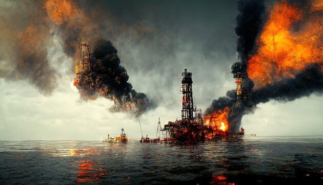 An Illustration Of A Drilling Rig Oil Spill, Deep Water Horizon.