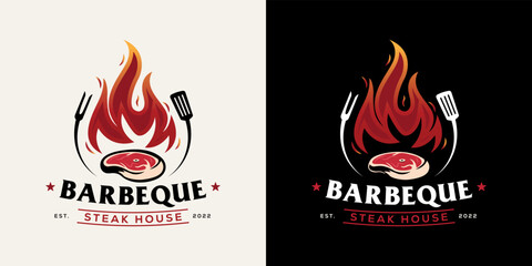 Barbeque logo fire concept combined with steak beef and spatula. BBQ logo template. Vector illustration