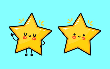 Cute funny star waving hand. Vector hand drawn cartoon kawaii character illustration icon. Isolated on blue background. Star character concept