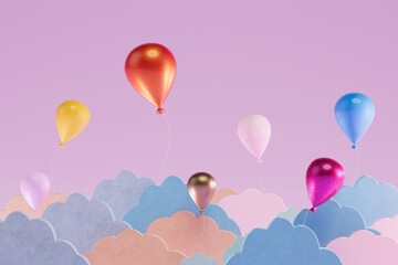 an abstract background with multi-colored clouds and balloons flying across the pastel background. 3D render