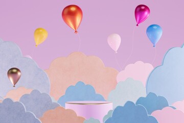 podium for placing goods on a background of colorful clouds and balloons. copy paste. 3D render