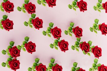an abstract background consisting of patterns of red roses with green leaves on a pastel background. 3D render