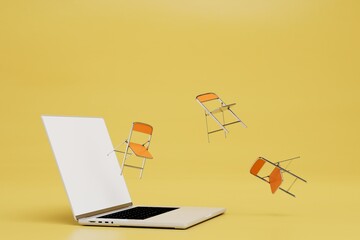 the concept of online learning. a laptop and chairs flying next to it on a yellow background. 3D render