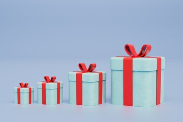 the concept of receiving gifts. gift boxes with red bows of different sizes on a blue background. 3D render