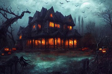 A haunted home with an eerie fog in the background on Halloween night